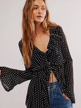 Free People Black and White Polka Dot Ruffle Front Blouse